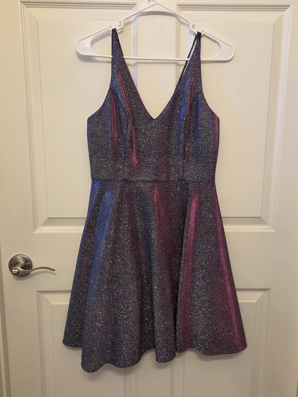 Xscape Glitter A-Line Dress in Blue and Purple